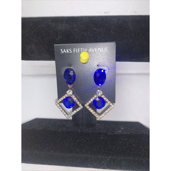 Saks Fifth Avenue Blue Gemstone With Dangling Rhinestone Square Earrings NWT - Picture 2 of 4